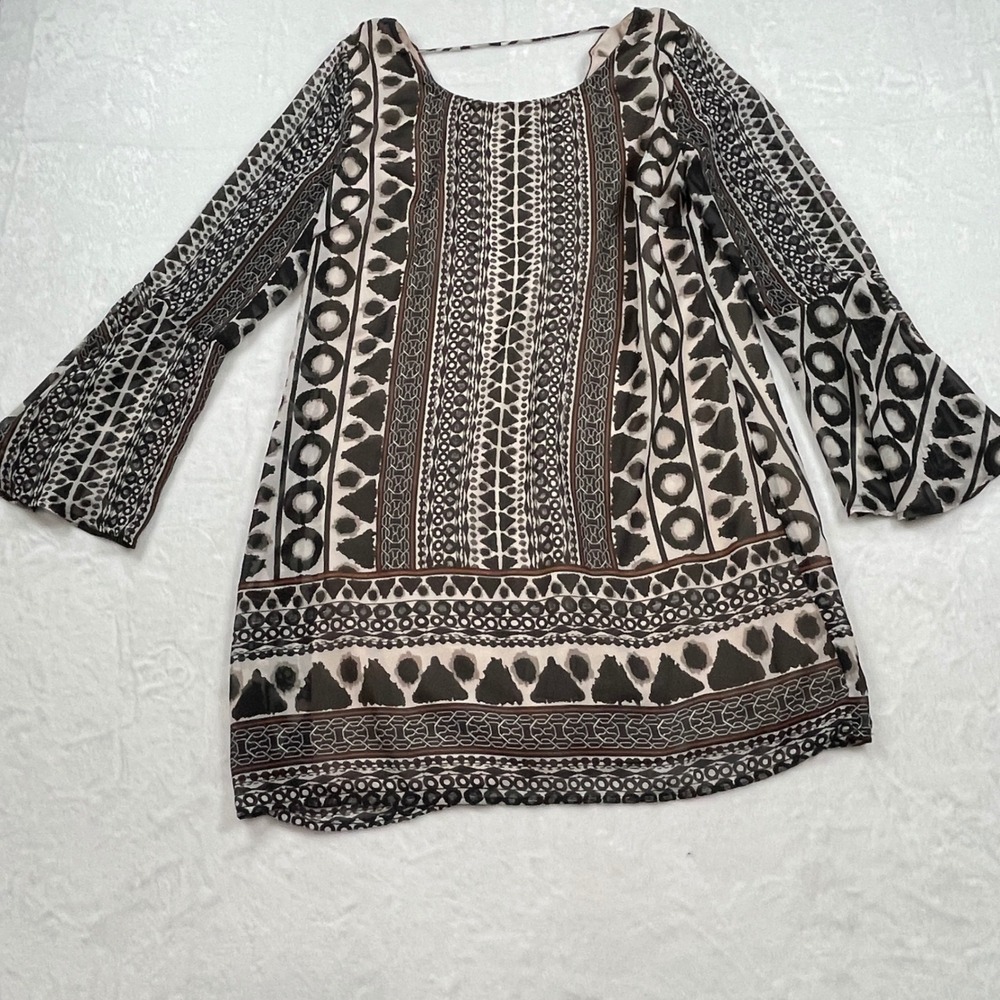 Pink Owl‎ Womens Geometric Tribal Print Bell Sleeve Shift Dress Large Boho Flowy